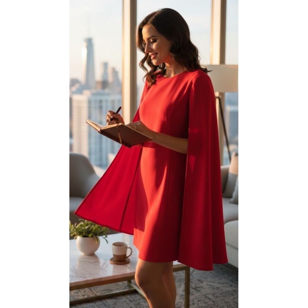 DESIGNER CALVIN KLEIN RED SLEEVELESS KNEE LENGTH CAPE DRESS SIZE 10.R - Picture 8 of 16